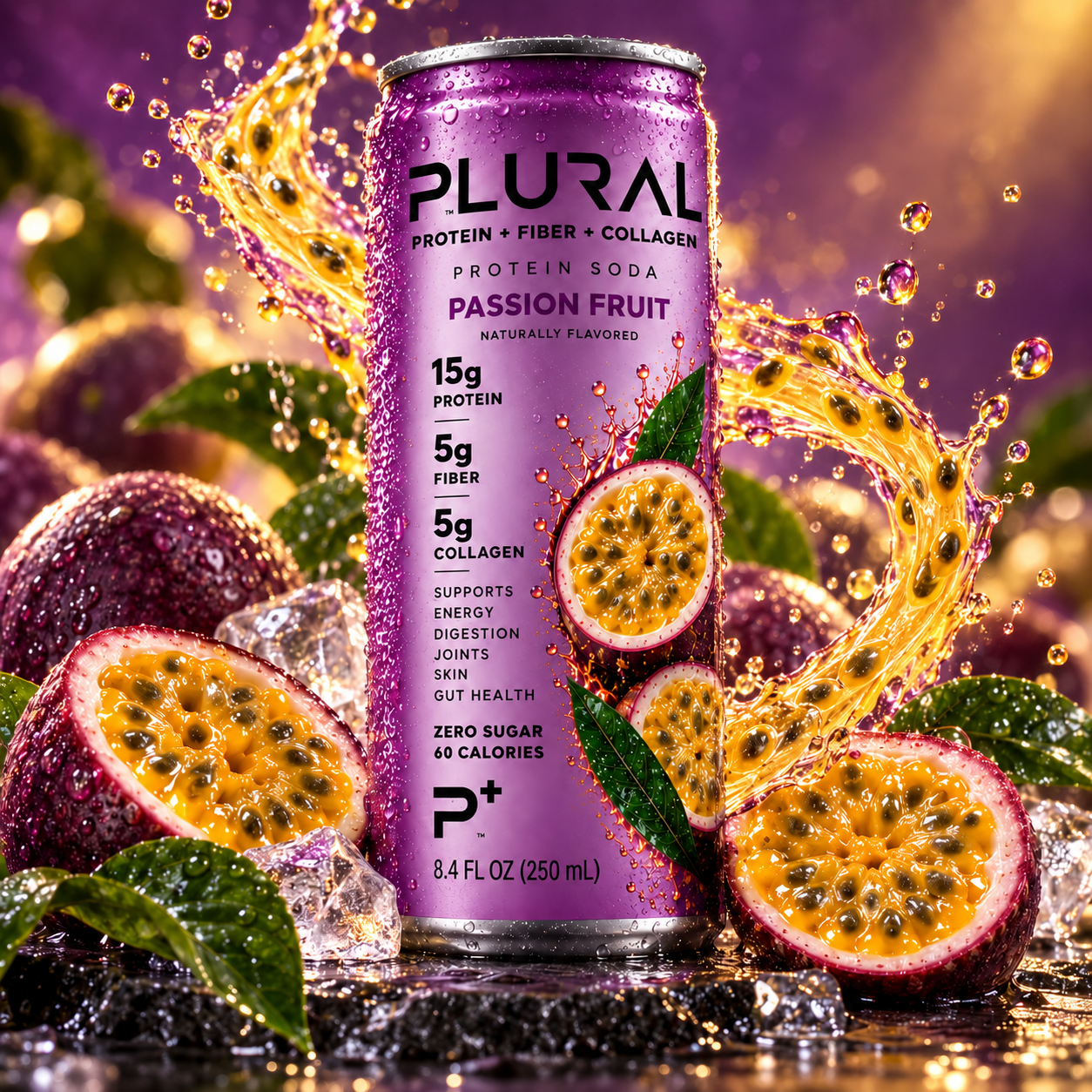 PLURAL Passion Fruit protein soda with fresh passion fruit and ice