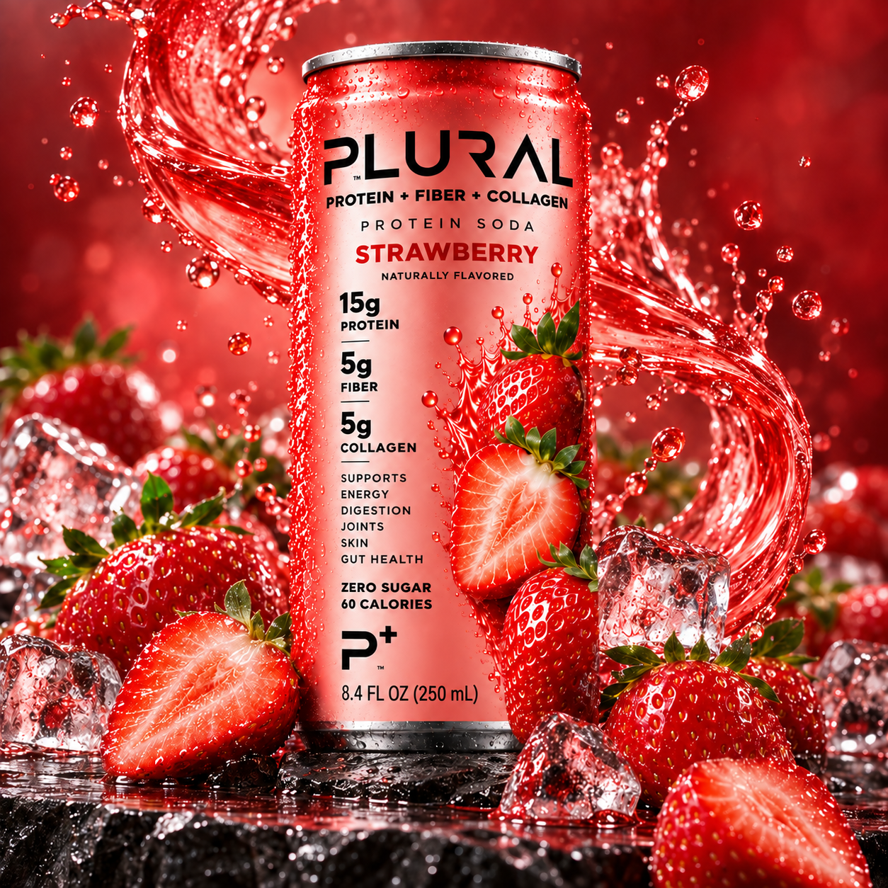 PLURAL Strawberry protein soda with fresh strawberries and ice