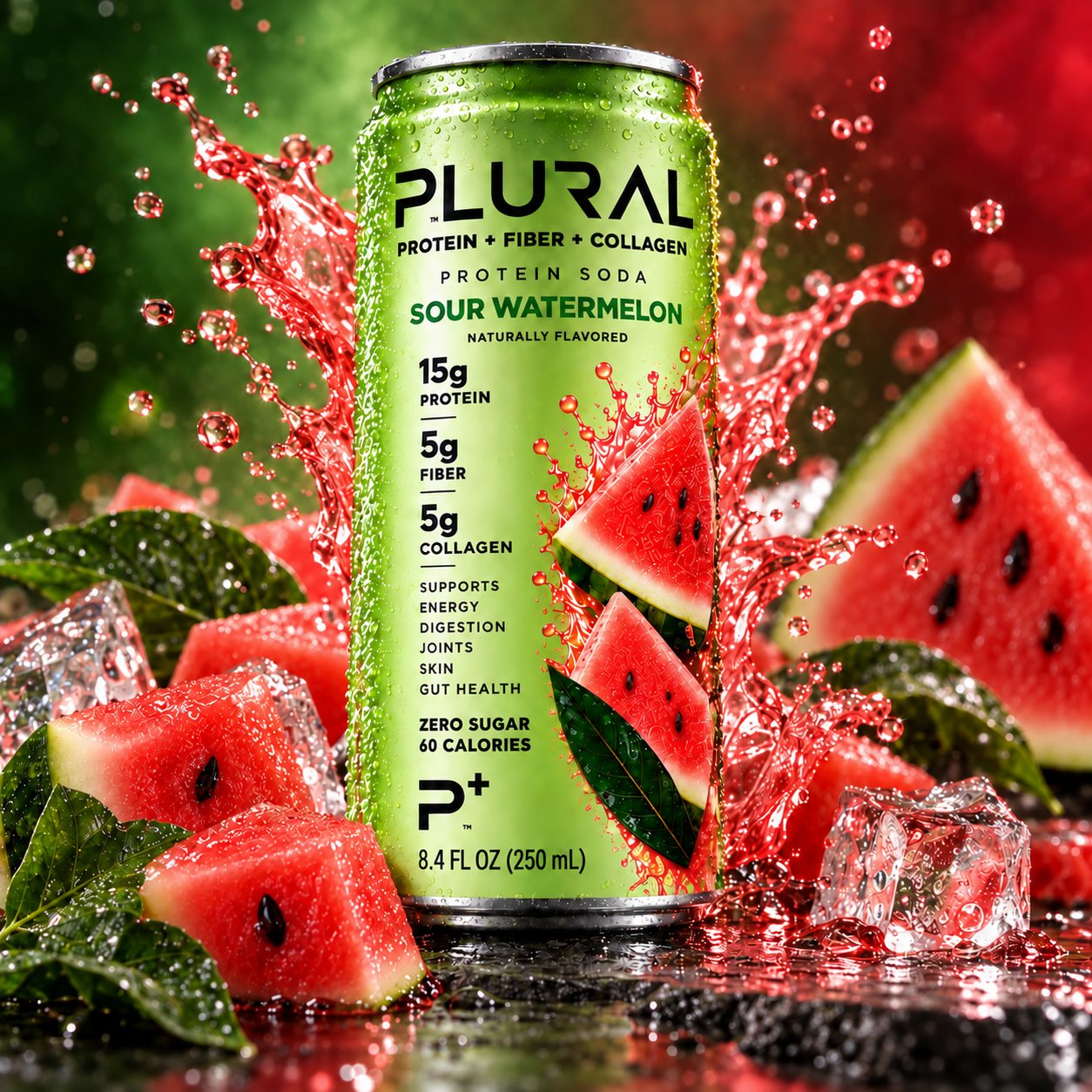 PLURAL Sour Watermelon protein soda with fresh watermelon and ice