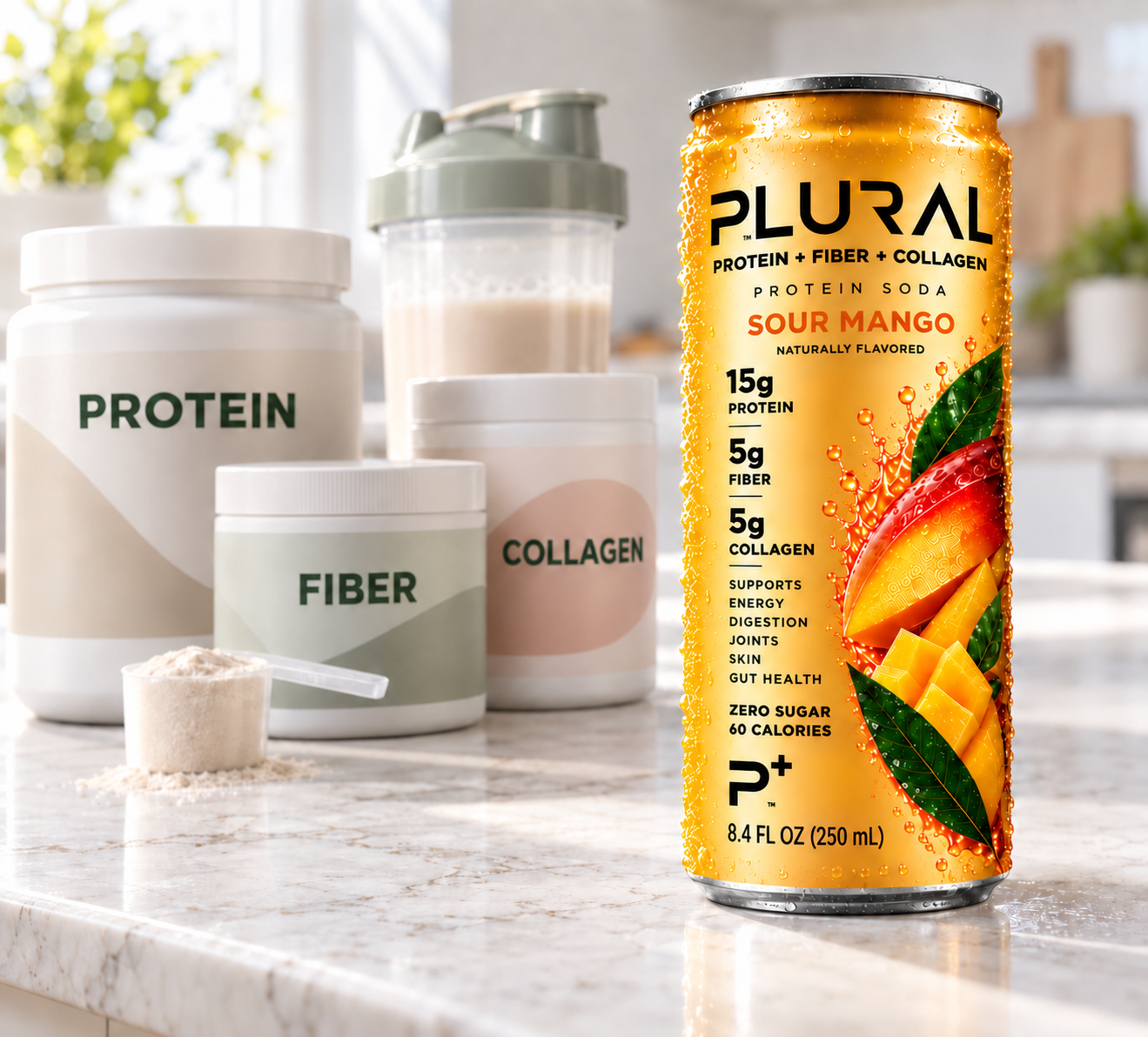 One cold PLURAL can beside separate packages labeled protein, fiber and collagen